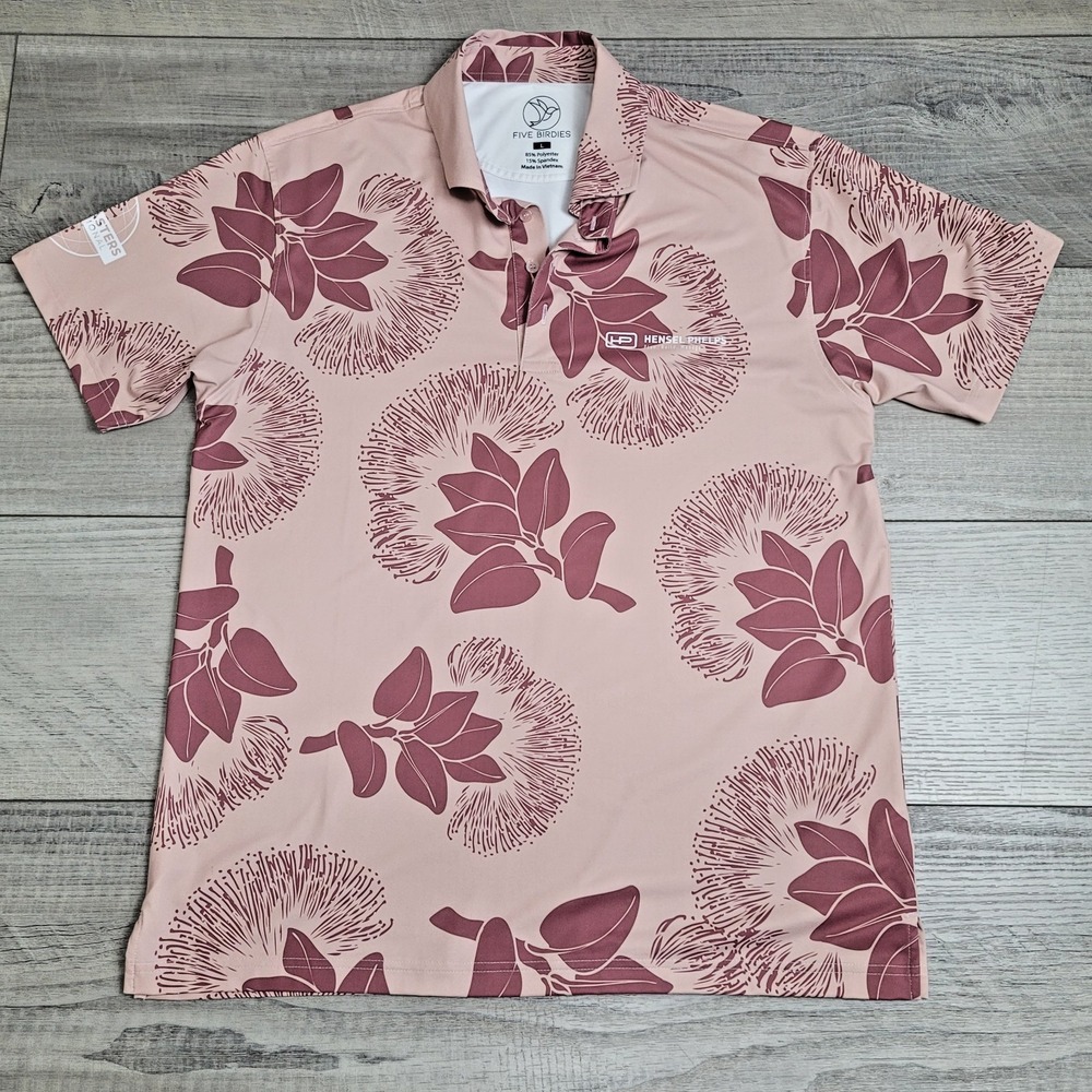 Five Birdies Polo Mens L Sand Brown Floral Performance Golf Stretch Toastmasters